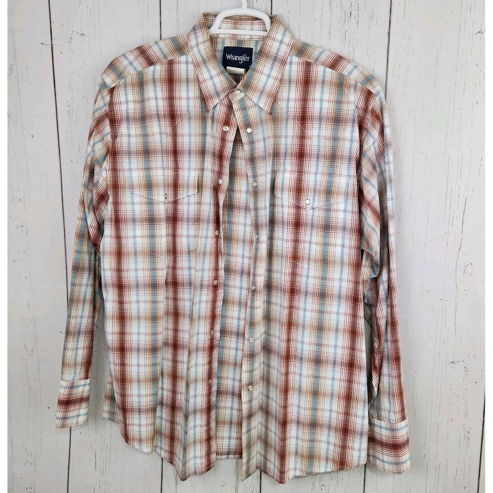Wrangler Cowboy Pearl Snap Shirt Men Sz XL Red Plaid Long Sleeve Western‎